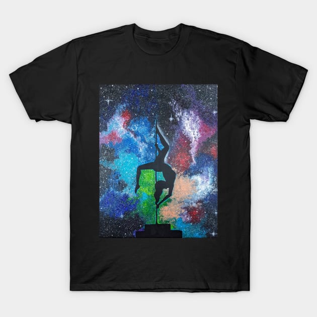 Pole Dancer Silhouette in Starry Galaxy Background T-Shirt by Starlight Tales